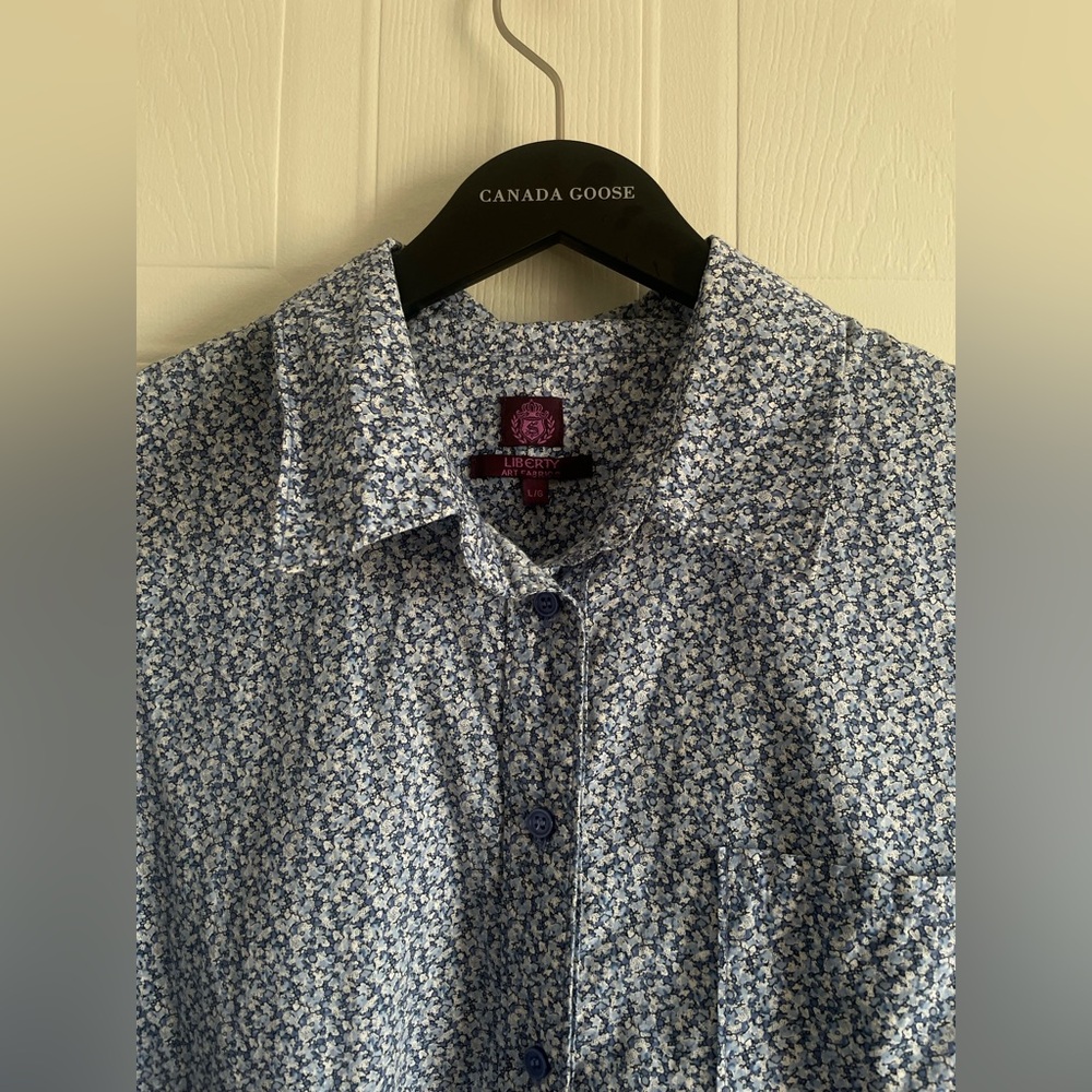 Liberty London Floral Cotton Shirt L Blue Art Fabric Tana Lawn - Picture 4 of 13